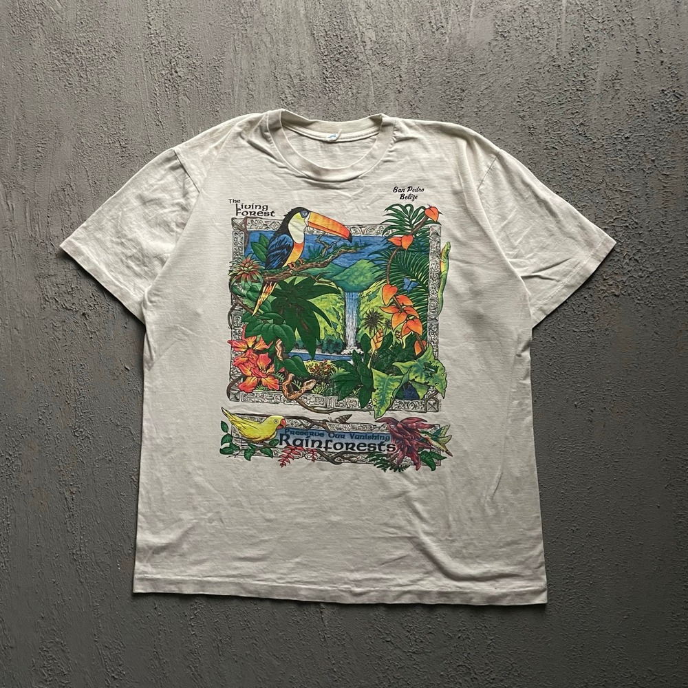 Vintage Rainforest Toucan Graphic T Shirt Mens XL Grey 90s Toucan Belize
